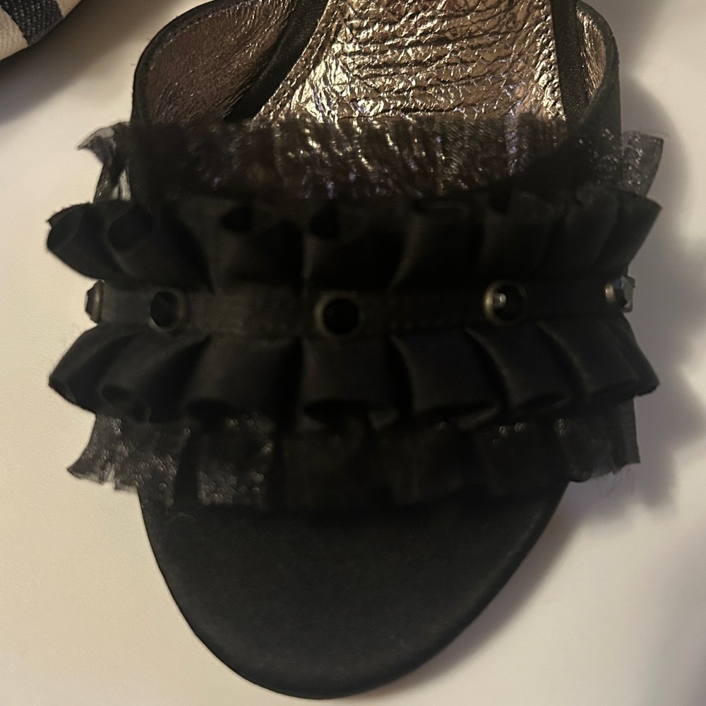 Adrianna Papell Black Satin Peep-toe Ankle Strap Heels with Beaded Ruffles - Picture 7 of 7